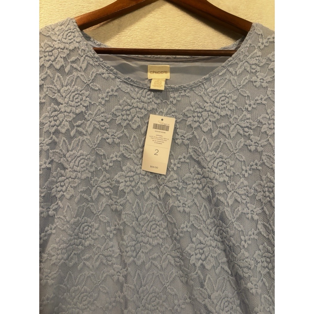 NEW Chico's Women's 2 Texture Lace Blouse Top Light Blue Scalloped
